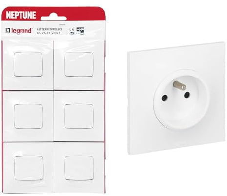 LEGRAND - Interrupteur ou Va-et-vient Neptune 10A - Commande d'Éclairage Monobloc - Prêt à Installer & Prise Electrique Murale avec Terre Neptune - Prise 2P+T Monobloc - Fixation à Griffes/Vis