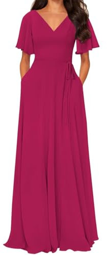 Z044 - Vestido de dama de honor con mangas con vuelo, de gasa, cuello en V, formal, vestido de fiesta de noche, fucsia, 36