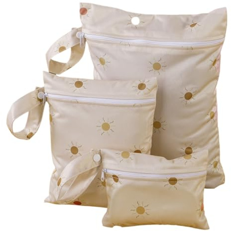 Treer 3 Stück Baby Windeltasche Stoffwindeln Nasstaschen Wiederverwendbare mit Zipper, Eleganter Schick Druck Organiser Beutel, Wasserdicht Waschbar Windeltasche für Unterweg (Beige sun)