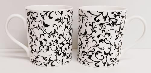 Rainbow Decors Venetian White Mugs Set of 2 Bone China Large Balmoral 14fl oz 400 ml Swirl & Leaves Cups Hand Decorated in UK