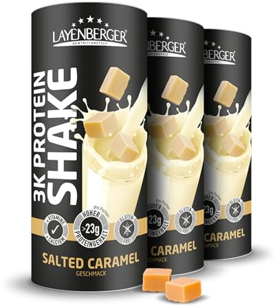 Layenberger 3K Protein Shake Salted Caramel (3x360 g) | 77 % Eiweiß, nur 5,7 % Kohlenhydrate, 11,5 g Zucker, insgesamt 1080 g