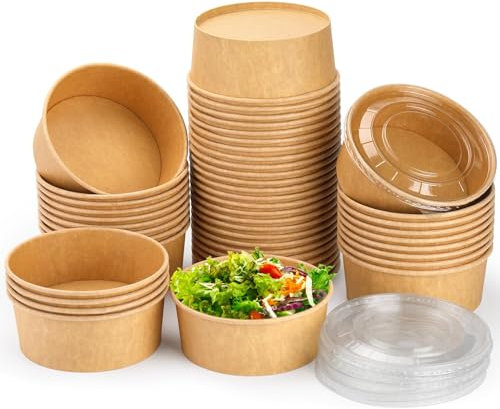 Prgery 37 Oz Paper Bowls, 50 Pack Disposable Food Containers with Lids, Disposable Bowls with Lids Paper Salad Bowls Bulk Party Supplies for Hot/Cold Food, Soup, Ice Cream or Takeout