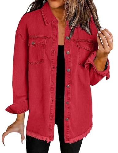 YIzdegg Camisa de mezclilla para mujer de manga larga, ajuste regular, con botones, cuello abatible, túnica, moderna, fácil de planchar, camisa vaquera para mujer, oversize, invierno, blusa de