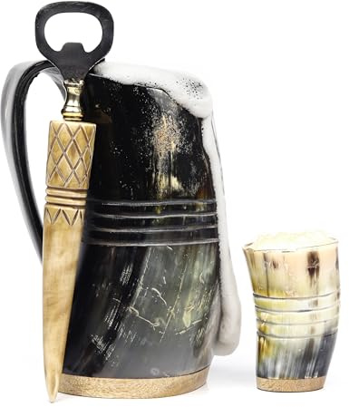 Mars Exports Unique Viking Drinking Horn Mug Set with Cool Shot Glass & Opener for Beer, Whiskey, ale. Ox Horn Cup, 16-20 oz for Men & Women- Ideal for Christmas, Birthday, Occasions and Home Decor.