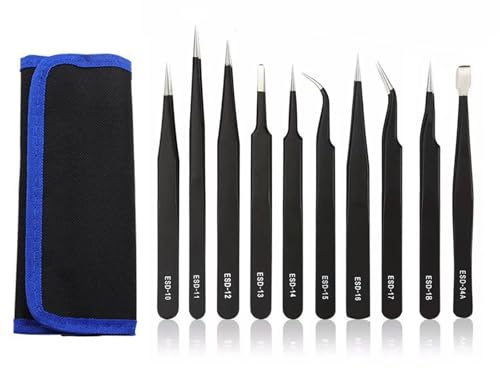 ROSYLEVE 10PCS Kit Pinzas de Precisión,Tweezers Industriales de ESD de acero inoxidable para Electrónica, Joyería, Ordenadores, Trabajos de Laboratorio, Manualidades y Hobbies