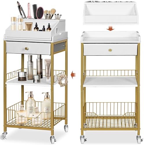 NauwaBarn Makeup Organizer Cart with Drawer, 2-in-1 Rolling Organizer Cart with Hair Tool Holder, Vanity Storage for Skincare, Perfume, Nail Polish, Cosmetics, Gold Finish