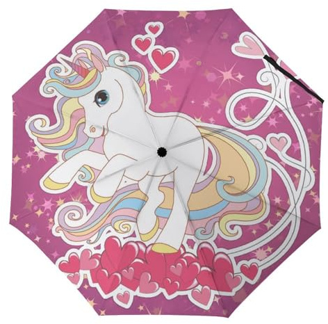 YBQLNP Kompakter Reise Regenschirm Rosa Einhorn Taschenschirm Automatisch Auf Und Zu Faltbarer Sonnenschirm