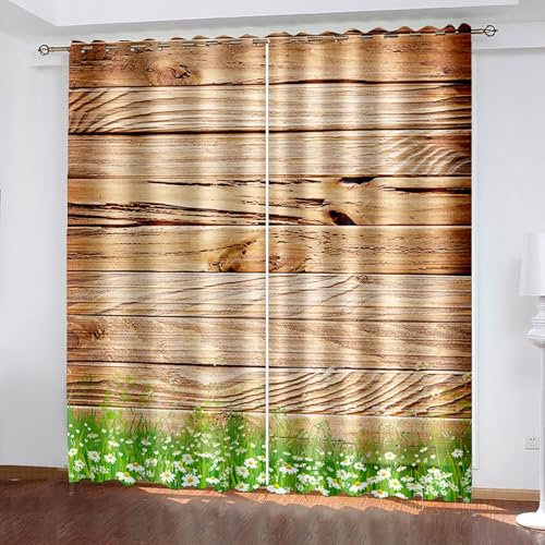 Lirzxin Vorhänge Verdunklung 244 cm Lang, Gardinen Verdunkelnd mit Ösen 2er Set Braun Grün Holzbrett und Gänseblümchen Muster Vorhang für Kinderzimmer Wohnzimmer Schlafzimmer, 234x244 cm(BxH)