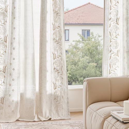 TOPICK Ivory Floral Embroidery Linen Look Sheer Curtains W50xL54, 2 Panels | Light Filtering Pencil Pleat & Back Tab Voile Curtains 54 Inch Drop, Semi Transparent, for Living Room, Bedroom, Nursery