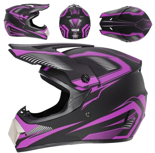 Caschi da Motocross Per Ragazzi E Ragazze Dai 5 Ai 14 Anni, Omologati DOT, Adatti A Motocross, Quad, Fuoristrada E Veicoli A Quattro Ruote(905 purple track,M(54-55cm))