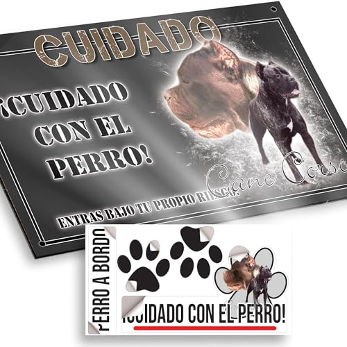 Cane Corso Cartel Cuidado con el Perro 20x12,5cm - Diseño Antracita en Dibond con Pegatina Coche 20x5cm - En Español