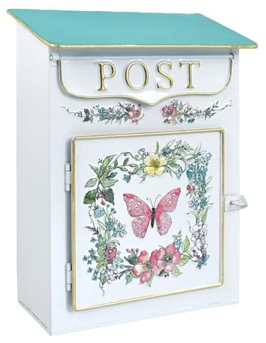 Cassetta Postale da Parete, Cassetta Posta Vintage per Uso Esterno, Decorazione da Giardino in Stile Antico con Motivo a Farfalla, Bianco, 31×23×13 cm