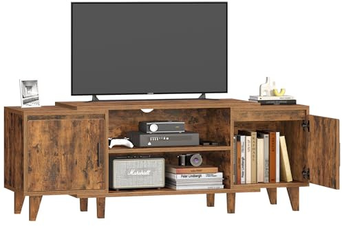 Hzuaneri TV- Schrank, 140 x 40 x 51,5 cm, Braun Fernsehschrank | für TV-Geräte unter 65 Zoll, TV-Ständer mit 2 Schränken und 2 Freiflächen, für Wohnzimmer, Schlafzimmer, Esszimmer, TV16701B