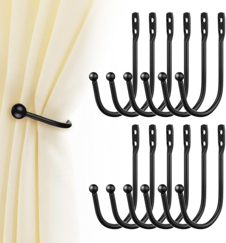 Gaahkai 12PCS Curtain Tie Back Hooks, Metal Curtain Holdbacks Side Tiebacks Wall Mounted with Screws, Black