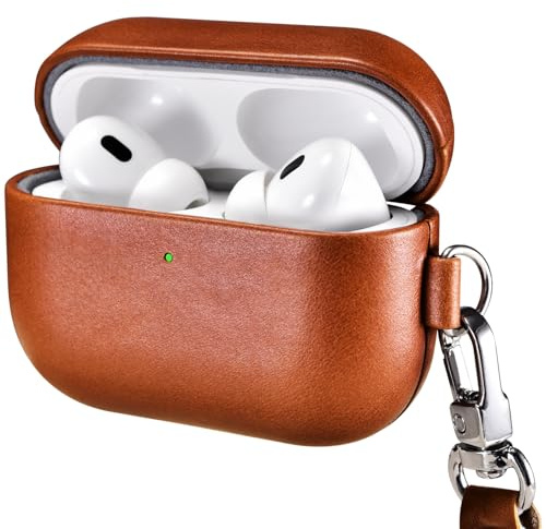 ICARER Leder Hülle mit Trageband für AirPods Pro 3 Schutzhülle, Braun | Premium Echtleder, Stoßfeste Schutzhülle, LED sichtbar, Unterstützung Wireless Ladegerät, Einfaches Anbringen und Abnehmen