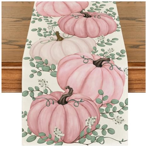Coogime Tischläufer, Küche Tisch Dekoration, Kürbisse Halloween Tischdeko, Herbstdeko in Leinen Modernes Kürbis Design, Herbst Tischtuch Kürbis Tafelaufsatz für Halloween (Pink)