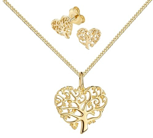 JEVELION Gold 333 Schmuckset Herz-Lebensbaum Glücksymbol Goldanhänger und 2x Ohrstecker für Damen mit Kette oder ohne Kette + Schmuck-Etui + Echtheitszertifikat