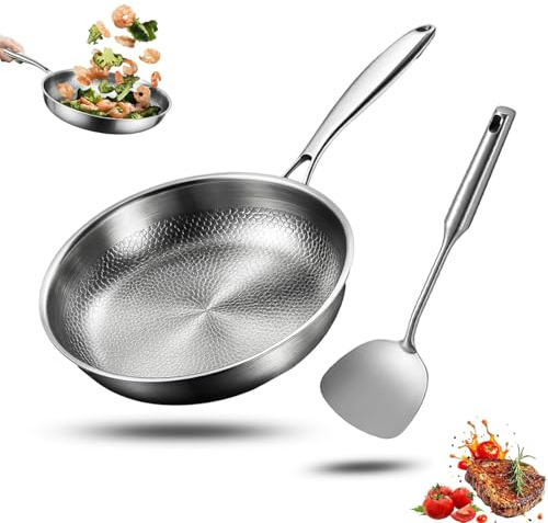 Padella antiaderente in titanio con spatola e coperchio, 32 cm, wok martellato per cottura a induzione, pentole leggere e resistenti per cucina e campeggio