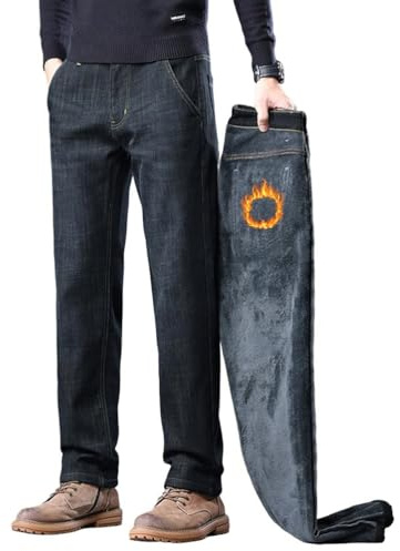 Oanviso Hombre Jeans con Forro Polar Invierno Termico Chino Pantalones de Traje Casual Vaqueros Holgados Denim Cómodo Jean Elasticos Pantalón B Negro M