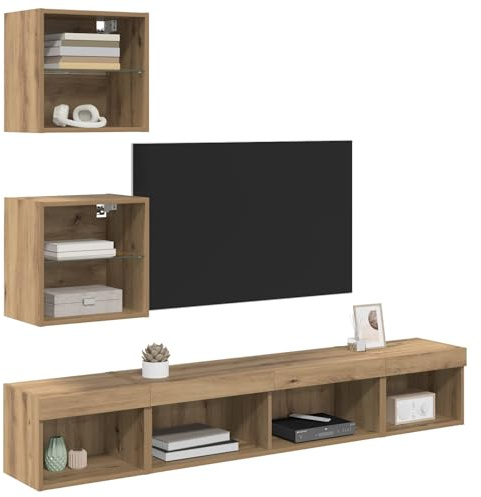 vidaXL Unités murales TV avec LED avec LED 5 pcs Chêne Artisanal, Meuble TV rectangulaire Moderne, Gain de Place, Console avec éclairage LED et étagères en Verre