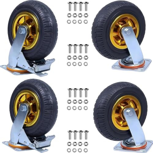 4 Pcs 8 Inch Caster Wheels, 3000Lbs Load Swivel Rubber Plate Caster with Top Plate and Screws, Heavy Duty Casters with 2 Brake Wheels for Furniture Transport, Industrial Transport
