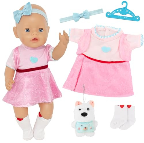 5 Teilig Rosa Puppenkleider für 35-43 cm NewBorn Baby Puppen, Puppenkleidung mit Kleid Stirnband Socken Kleiderbügel Hund Puppe für 14-18 Zoll Baby Puppe, Puppezubehör Puppensachen Set Geschenk Kinder