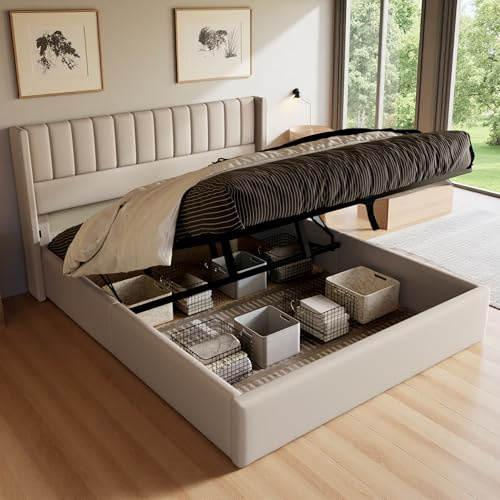 Zorvani Letto imbottito matrimoniale, Letto contenitore idraulico con testiera, Letto con vano contenitore, Letto boxspring, Struttura del letto con rete a doghe, Letto per giovani, senza materasso