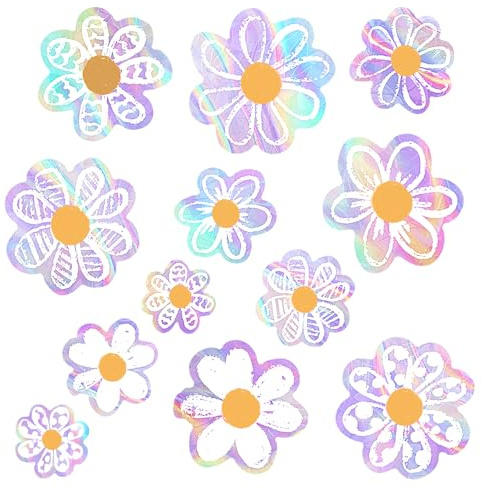 12 Pcs Summer Window Stickers, Double-Side Daisy Flower Window Stickers, Anti-Collision Sun Catchers for Windows Rainbow Prism Reusable Clings for Office Home Glass Display Decor Supplies