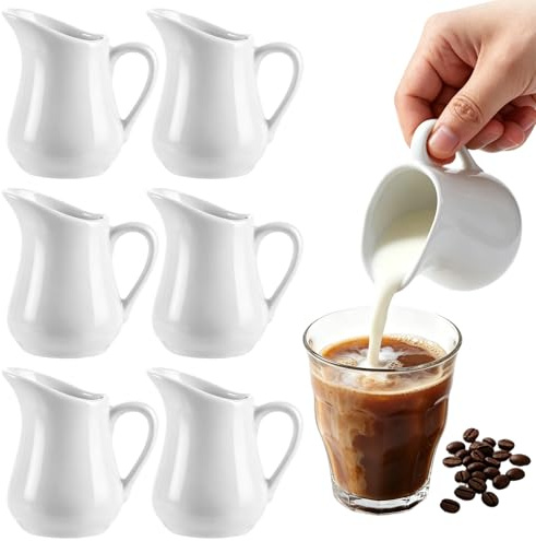 APACALI Lot de 6 mini piichets à lait en porcelaine blanche de 80 ml avec poignée, petit pot à lait en céramique pour lait, sauce, café, sauces, cuisine, bar, café