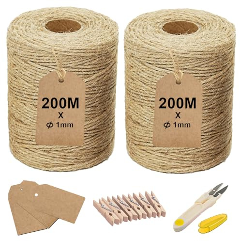 LMSAWK Set Cuerda de Yute 200 m, Cordel de Yute 1 mm, Cuerda Resistente para Jardinería, Macramé, Manualidades, Envoltura de Regalos, DIY y Decoración