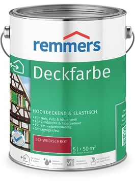 Remmers Deckfarbe schwedischrot, 5 Liter, Deckfarbe für innen und außen, Wetterschutzfarbe viele Untergründe, hochdeckend, wetterfest