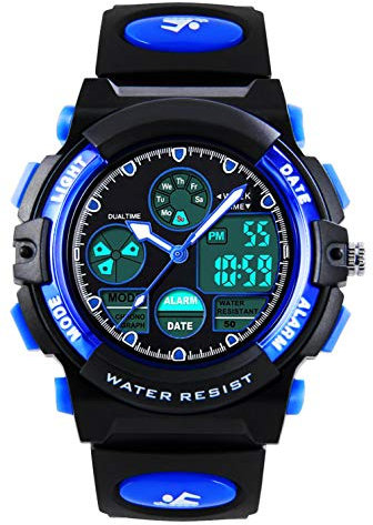Bambini Digital Analogico Orologi per ragazzi - Orologio sportivo all'aperto per bambini con Allarme/Dual Time, 5 ATM impermeabile elettronico analogico orologio sportivo per adolescenti, blu, S,