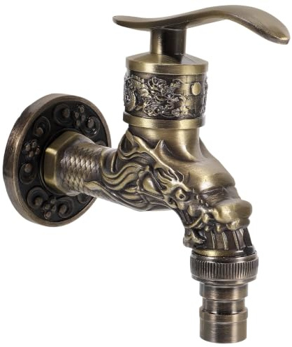 TOPBATHY Vintage Wasserhahn, Wasserhahn Garten Antik, Antik Messing, 1/2 Zoll Wandmontage Drache Geschnitzt, für Zuhause, Küche, Bad, Garten
