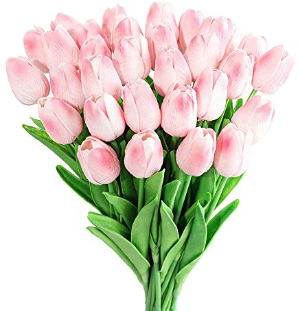 Kisflower 30Pcs Fiori artificiali di tulipani Tulipani finti Bouquet Real Touch Flowers for Decor (Rosa)