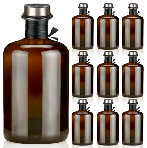 Geniess-Bar! 9 Apothekerflaschen braun 500ml leer schwarz antik Profiset Korken silber matt, Flaschenkapseln & Bast Band, Geschenk Braunglas Flaschen 0,5L für Öl, Gin, Kräuter Schnaps uvm.