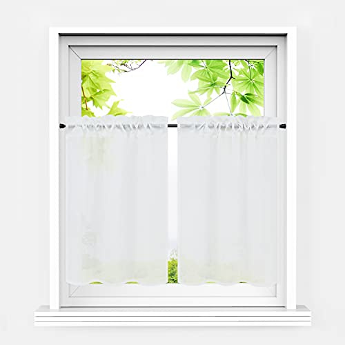 HeichkelL Scheibengardinen 2er Set Kurzstores, Weiß BxH 66x61 cm*2 | Landhausstil Halbtransparente Bistrogardine, Leinenoptik Kleinfenster Gardinen Küche