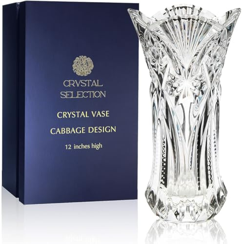 CS Crystal Vase 12-inch high, Cabbage Design, for Flowers & Decor. Lovely Nice Shiny Piece. Perfect as a Gift, Suitable for All Occasions