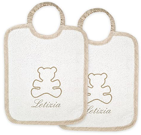 Coccole - Set Asilo Materna 2 Bavaglini Personalizzati - Set Doppio Bavaglino cotone Anallergico - Kit Asilo Materna 2pz Bimba/Bimbo con Tema Orso Écru - Kit Personalizzabile 100% Made in Italy