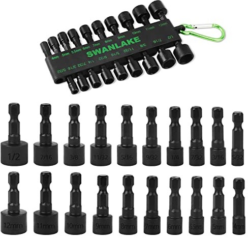 20Pcs Power Nut Driver Set for Impact Drill, 4-12mm Hex Shank Quick-Change Nut Driver Socket Bit Set Metric & SAE