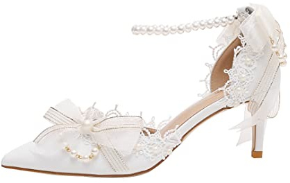 STARSHINE RESPLENDENT Brautschuhe Damen, Weiß, Spitze und Perlen, Schleife-Verzierung, 8cm Absatz (White 7cm Heel, Erwachsene, Damen, 39, Numerisch, EU Schuhgrößensystem, M)