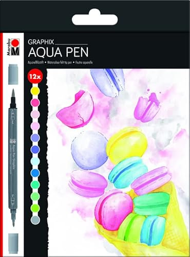 Marabu Aquarell-Pinsel-Marker-Set – 12 Farben Aquarellstifte, Doppelspitze mit flexiblem Pinsel – Professionelle Aquarellmarker zum Ausmalen, Malen und Zeichnen