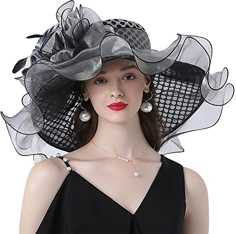 ITODA Organza Hut Damen Fascinator Große Krempe Sonnenhut Netz Organzahut mit Blume Feder Kopfschmuck Elegant Sommerhut Sonnenschutz Strandmütze Braut Damenhut Kirche Hochzeit Party Strand Grau