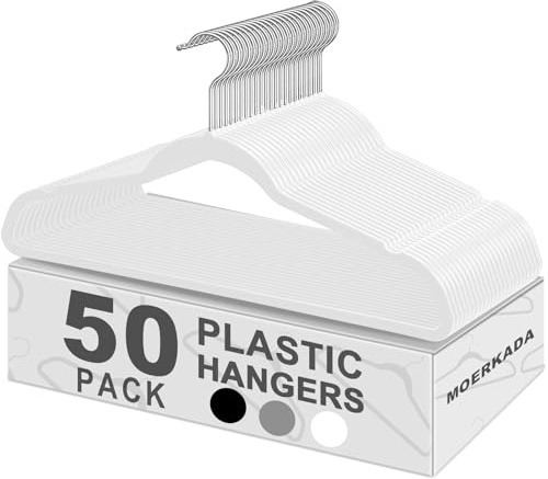 MOERKADA Hangers 50 Pack,Ultra-Thin Plastic Clothes Hangers (17.7 Inch) - Space-Saving Slim Hangers with Non-Slip Grooves for Wardrobe, Closet & Dorm Organization(White)