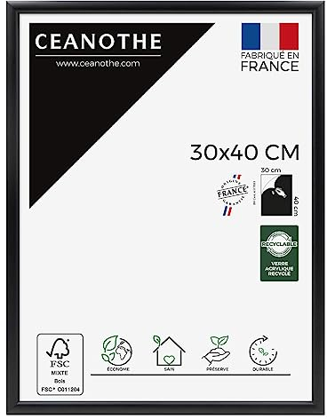 Ceanothe Cadre Photo 30x40 cm en Bois Noir, Pour Exposition et Idéal pour Affiche et A4, Collection Essentiel Verre acrylique Incassable Fabriqué en France