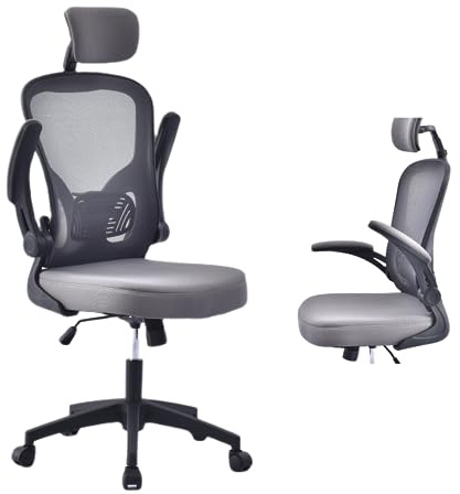 OWAY HOMELIVING Ergonomic Office Chair with Adjustable Lumbar Support & High-Back Mesh Desk Chair 150kg Capacity & 125° Recline & Flip-Up Armrests Home Office Chair (highback, grey)