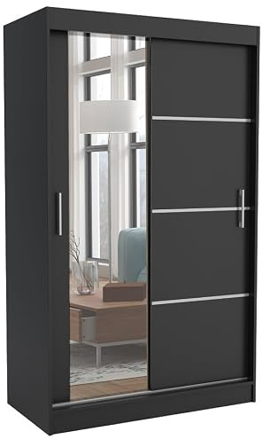 Brent - Kleiderschrank mit Spiegel 100cm Breit Windsor Tomy I Schlafzimmerschrank mit 2 Kleiderstange und Einlegeböden für Kleidung I Kleiderschrank Schwarz