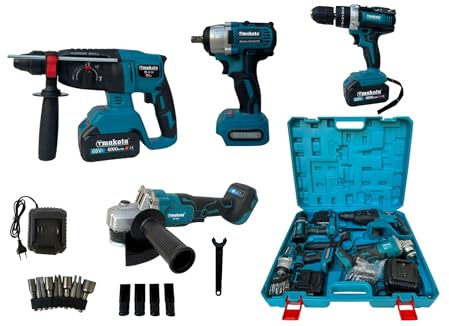 Kit 4 in 1 Trapano Avvitatore con Percussione + Flex Smerigliatrice Angolare + Svitabulloni Avvitatore impulsi + Martello Tassellatore SDS-PLUS Due Batterie da 68V Motore Brushless e Valigetta