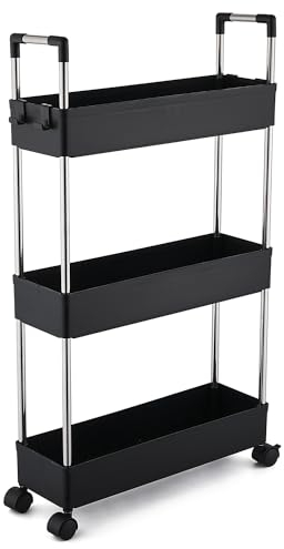 QIUFEN 3 Ebenen Servierwagen, Küchenwagen auf Rollen, Kunststoff Rollwagen schmal, Nischenregal mit Griff, Haken, Platzsparend Aufbewahrungsregal für Badezimmer, Küche, Büro, Schwarz