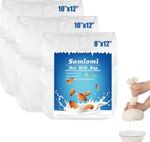 Samlomi Nut Milk Bag 3 Pack Reusable Nylon Straining Bags, Milk Nut Bag Mesh Strainer, Cheesecloth Bags for Straining Almond/Soy Milk Greek Yogurt(8x12 & 2 * 10x12)