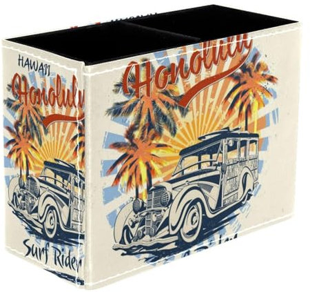 VAPOKF Hawaii Urlaub Auto mit Baum Stifthalter für Schreibtisch, 2 Fächer, Stiftehalter, Make-up-Pinsel, Aufbewahrung, Schreibtisch, Schreibwaren, Organizer für Home Office